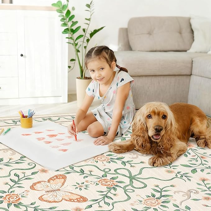 GarveeHome 3x5 Small Area Rug for Bedroom Floral Washable Rugs Non Slip Stain Resistant Living Room Throw Carpet Low Pile Dining Room Beige Area Rug Butterfly Bow Rugs for Nursery Home Decor, 3x5