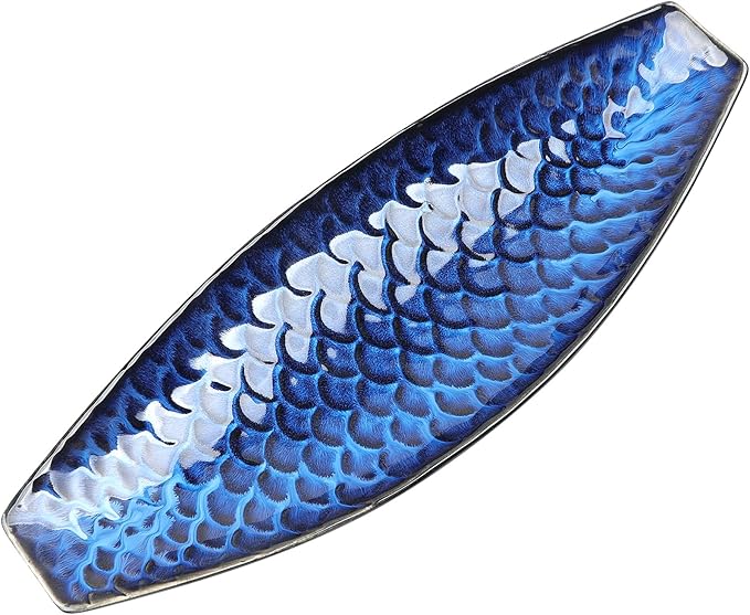 Sanbege 16" Large Ceramic Decorative Tray, Long Boat Shaped Centerpiece Bowl, Multipurpose Serving Platter for Home, Party Decor or Sushi, Fruits, Desserts (Blue)