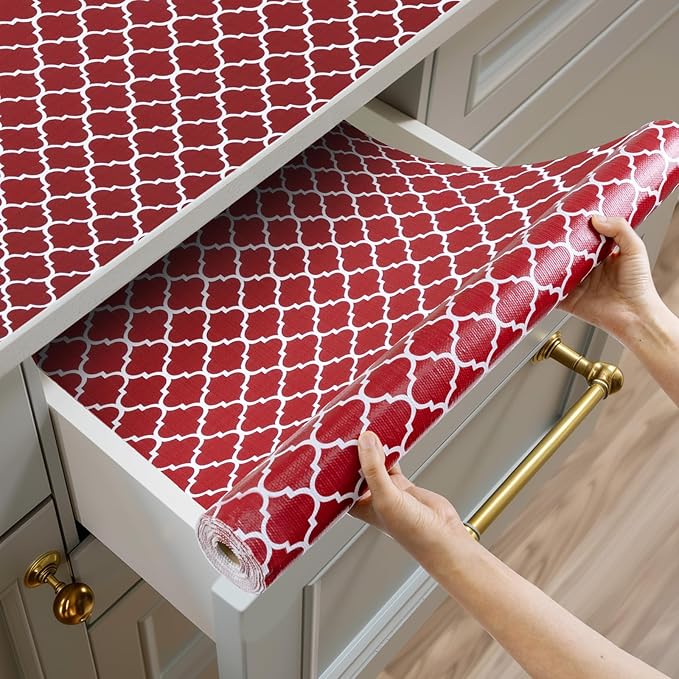 Shelf and Drawer Liner for Kitchen Cabinets Non-Adhesive, Strong Grip Non-Slip Thickened Cabinet Liners for Shelves, Waterproof Mats for Dresser Cupboard, Red/White, 23 in x 30 Feet