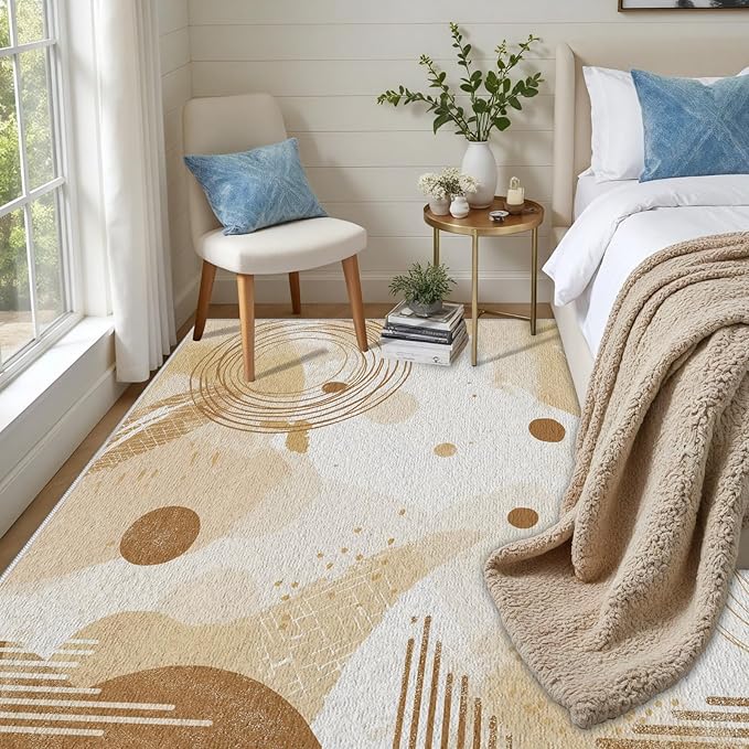 Minimalist Abstract Area Rug 6x9 Beige Boho, Modern Washable Geometric Art Carpet, Soft Non-Slip Low-Pile Carpet for Living Room, Bedroom, Kitchen, Dining Room, Pet Friendly, Non-Shedding, Brown