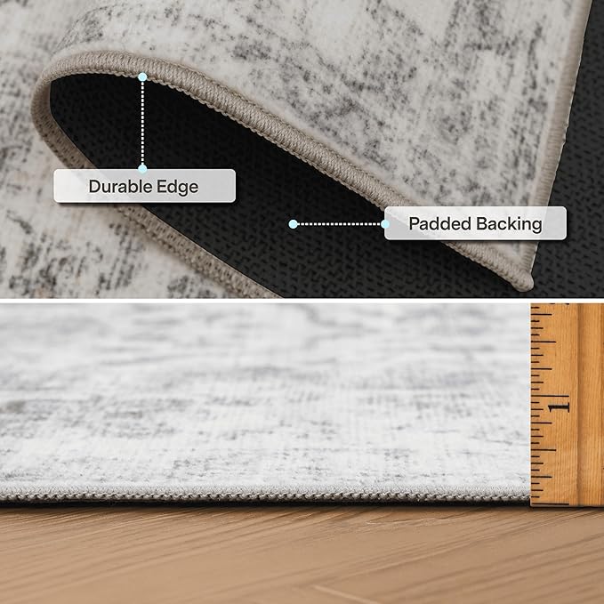 ReaLife Rugs Machine Washable Area Rug Runner - Living Room Bedroom Bathroom Kitchen Entryway Office - Padded Low Pile Stain Resistant Premium - Boho Farmhouse Vintage - Noor - Ivory Grey 3' x 5'