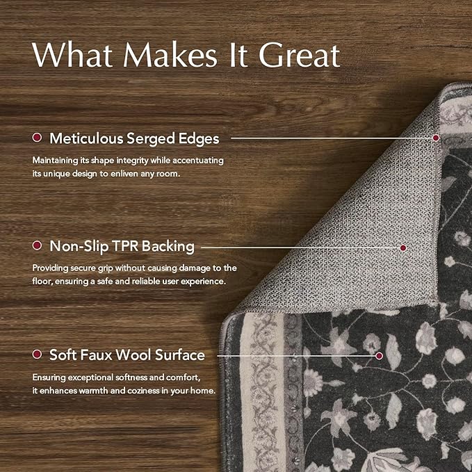 EVERGRACE Area Rugs for Living Room 4x6, Boho Floral Faux Wool Indoor Outdoor Rugs, Washable Rugs for Bedroom Entryway Dining Room Hallyway, Low Pile Floor Mat Carpet for Home Decor, Ebony Black
