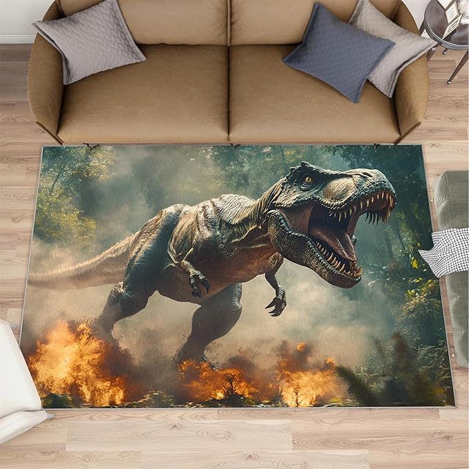 Dinosaurs Rugs for Bedroom - 6x8 Area Rug - Flame Dinosaurs Rugs for Living Room, Forest Landscape Rug, Washable Home Decor Carpet
