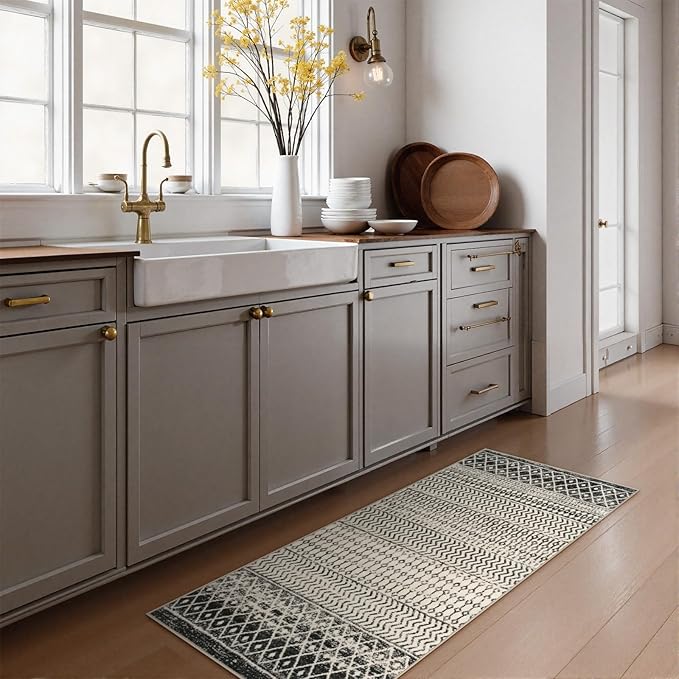 Moroccan Washable Rug for Entryway, 2x4 Black Distressed Non-Slip Door Mat Indoor Entrance, Soft Low-Pile Accent Rug Boho Area Rug for Bedroom Bathroom Kitchen
