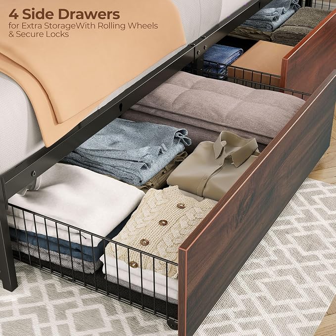 Rolanstar Queen Bed Frame with 4 Storage Drawers & 2-Tier Storage Headboard