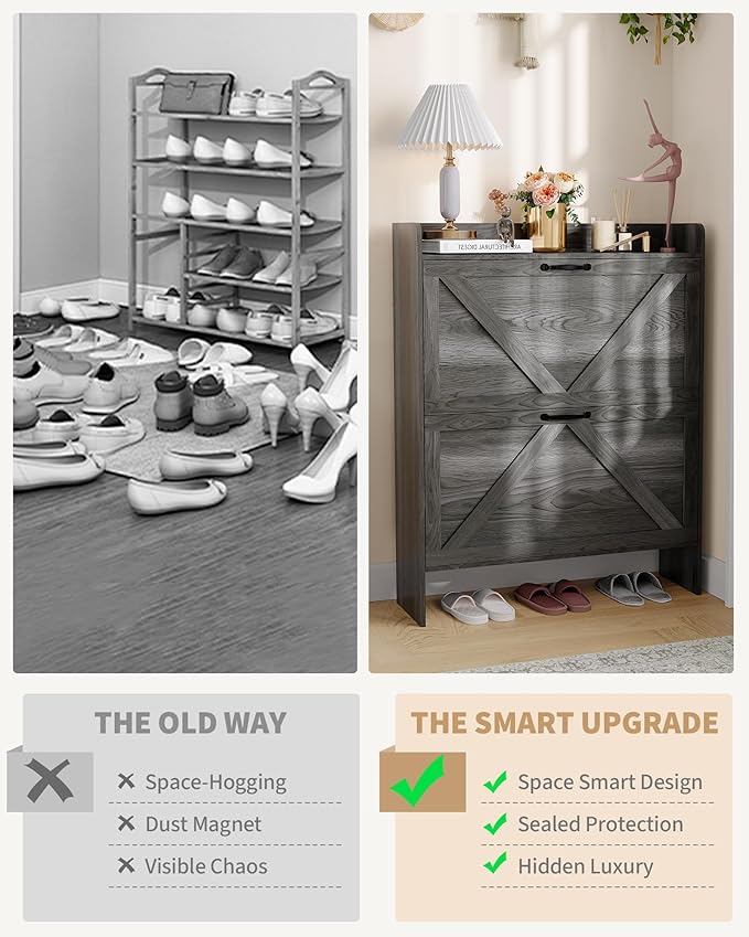 Shoe Cabinet Organizer with 2 Flip Drawers, Freestanding Narrow Shoe Rack for Entryway, Freestanding Hidden Shoe Storage Cabinet for Entryway, Hallway, Living Room, Bedroom, Black