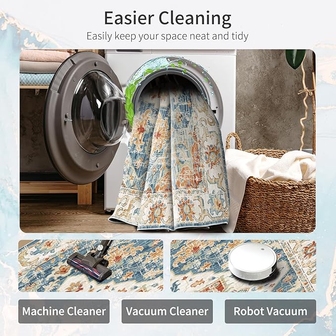 Enkor Area Soft Rugs 2x3 Washable Non Slip Boho Small Floor Entryway Rugs for Hallway, Vintage Style Farmhouse Mat for Kitchen Orange & Blue