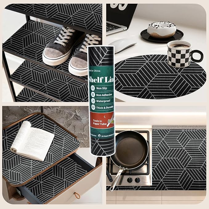 Shelf Liners for Kitchen Cabinets 12in x 30FT, Non Adhesive Cabinet Liner Strong Non-Slip Black and Silver Geometric Drawer Liner, Easy to Clean for Shelf, Cabinet with Knife and Tape Measure