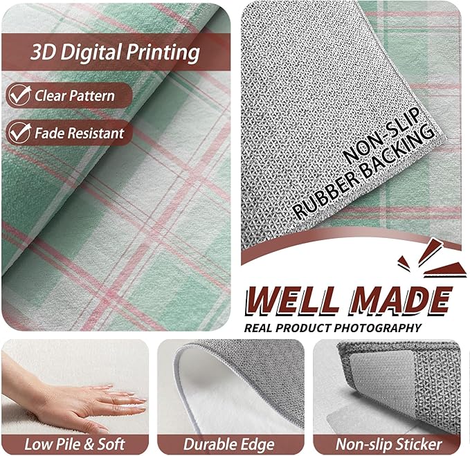 5x7 Rug Washable - Plaid Rugs for Living Room, Mint Green Tartan Gingham Non Slip Low Pile Area Rugs for Bedroom, Plaid Carpet Home Decor & Gifts
