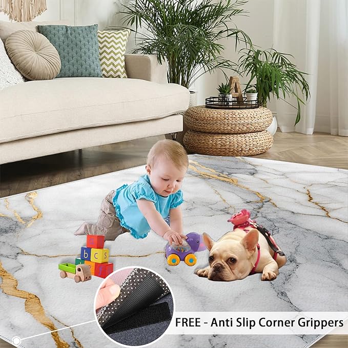 4x5 Abstract Marble Indoor Outdoor Rug - White-Marble Bedside Rug, Modern Luxury Washable Entry Way Rugs Kids Carpet for Inside House Playroom Living Room End Table Nursery