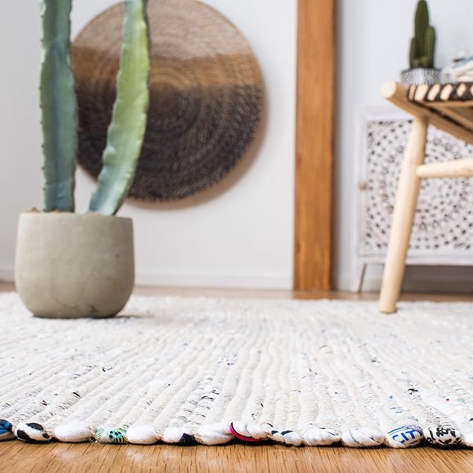 SAFAVIEH Rag Rug Collection Area Rug - 6' Square, Ivory & Multi, Handmade Boho Stripe Cotton, Ideal for High Traffic Areas in Living Room, Bedroom (RAR121G)