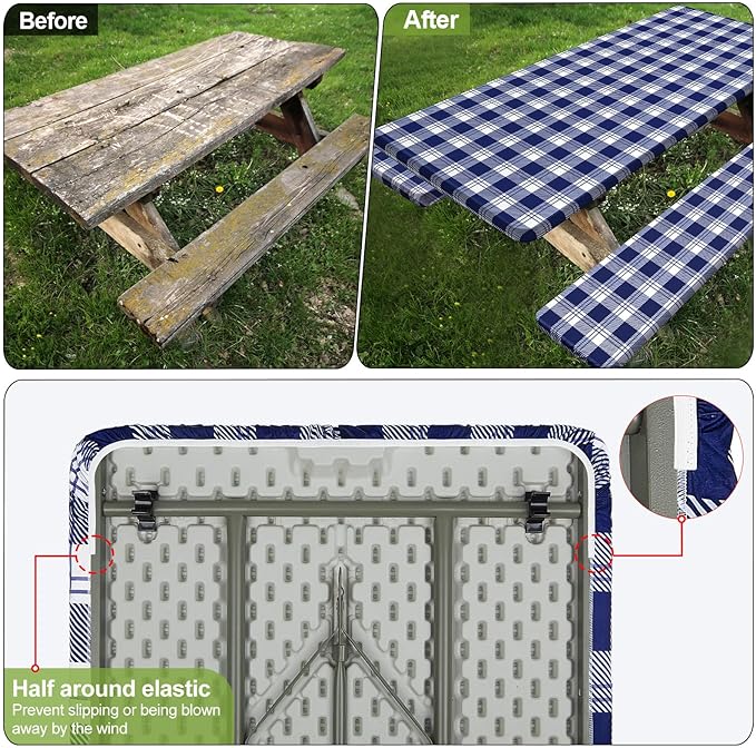 Picnic Table Cover with Bench Covers Camping Essentials Waterproof Windproof Camping Tablecloth with Drawstring Bag, Fitted Rectangle Tables and Seats, 72in, Blue Checkered