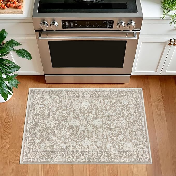 KILOCOCO Moroccan Small Area Rug 2x3 Entryway Rugs Printed Vintage Floral Washable Rug Non-Slip Kitchen Indoor Door Mat, Accent Throw Small Rugs for Laundry Room Bedroom Entrance, Beige