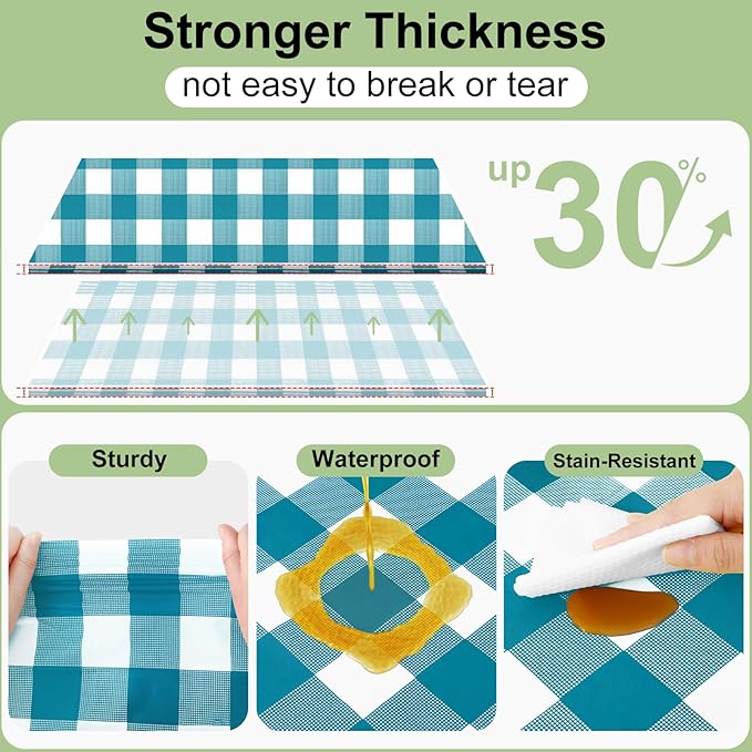 Smiry 10 Pack Turquoise Gingham Disposable Tablecloths - 54" x 108" Heavy Duty Plastic Table Cloth, Waterproof Buffalo Plaid Table Covers for Picnic, Banquets, Outdoor Parties