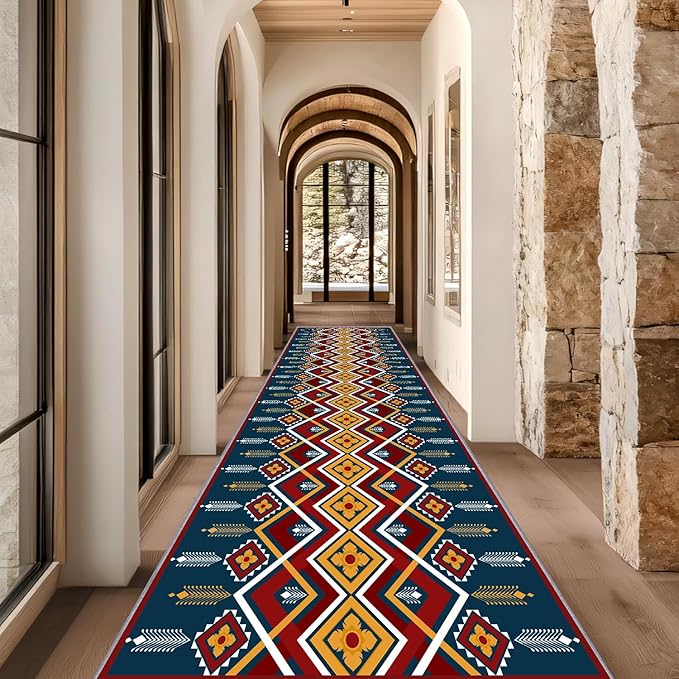 Dark Blue Runner Rug, 3x12ft Red Yello Diamond Hallway Decor Carpet, Corridor & Foyer Long Accent Rug, Entrance Non-Slip Mat Washable Rugs, Southwestern Stylish Home Decor Runner