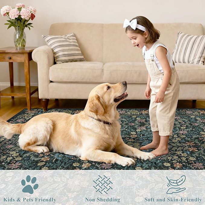 DUKINO 2.6x8 Runner Rug for Hallway, Washable Vintage Floral Kitchen Rug with Non Slip Backing, Soft Low Pile Throw Carpet Runner for Kitchen, Laundry, Hallway, Bathroom, Blue