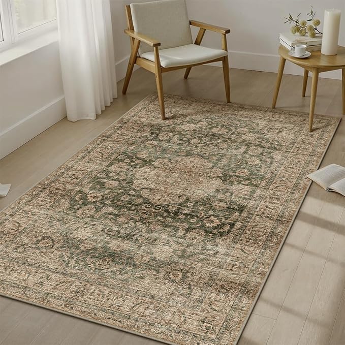 3x5 Washable Vintage Area Rug Green Brown Entryway Office Carpet Non-Slip Soft Low Pile Distressed Throw Rug for Entrance Living Room Bathroom Dining Room