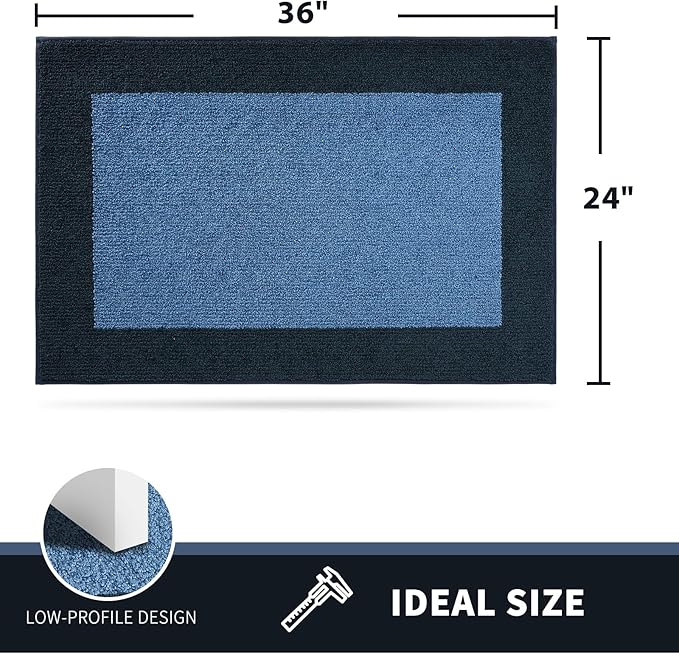 PURRUGS Dirt Trapping Door Mat 24" x 36", Non-Slip/Skid Machine Washable Entryway Rug, Shoes Scraper, Throw Rug, Super Absorbent Area Rug for Muddy Wet Shoes and Paws, Light Blue & Navy