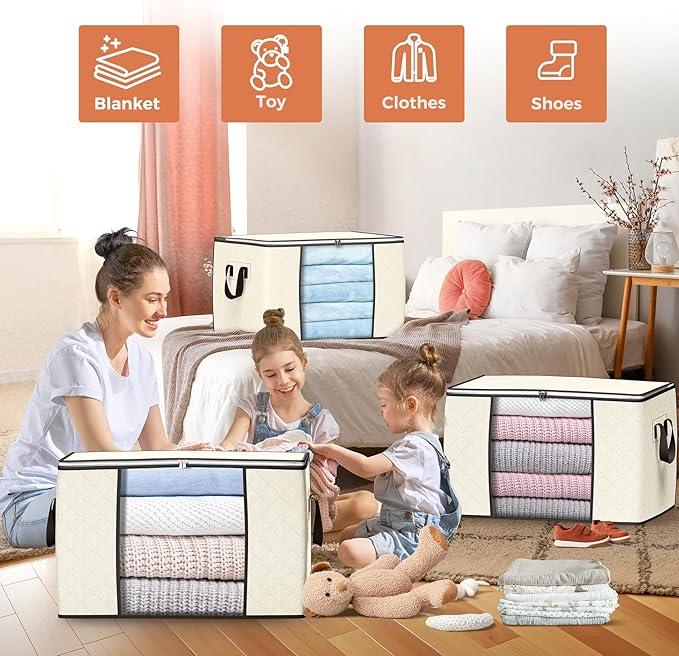 Budding Joy 90 L Large Storage Bags, 10 Pack Clothes Storage Bins Foldable Closet Organizers Storage Containers with Reinforced Handle for Clothing, Blanket, Comforters, Bed Sheets, Pillows (Beige)
