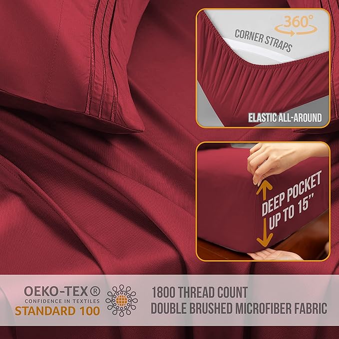 Twin Sheets Set - Luxury Hotel Bed Sheets - Soft Cooling Sheet with Elastic Corner Strap - Deep Pocket Microfiber Bedsheet - Bedding Sheet & Pillowcases Set - 3 PC (Twin Size, Burgundy)