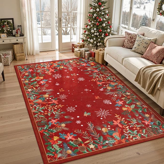 Wonnitar Christmas 8x10 Area Rugs for Living Room, Low Pile Soft Large Bedroom Rug, Non-Slip Washable Red Floral Snowflake Holiday Decor Floor Carpet for Dining Room(Christmas Red,8'x10')