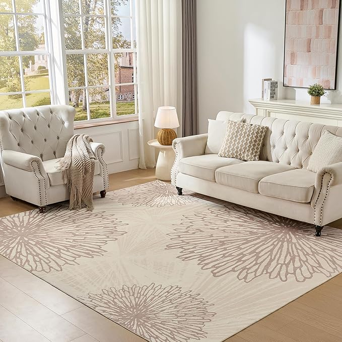 WITSHOCK 7x10 Area Rugs for Living Room: Beige Floral Washable Rugs for Bedroom Dining Room Office Nursery Modern Non-Slip Stain Resistant Low Pile Home Decor（Beige/Brown,7'x10'）