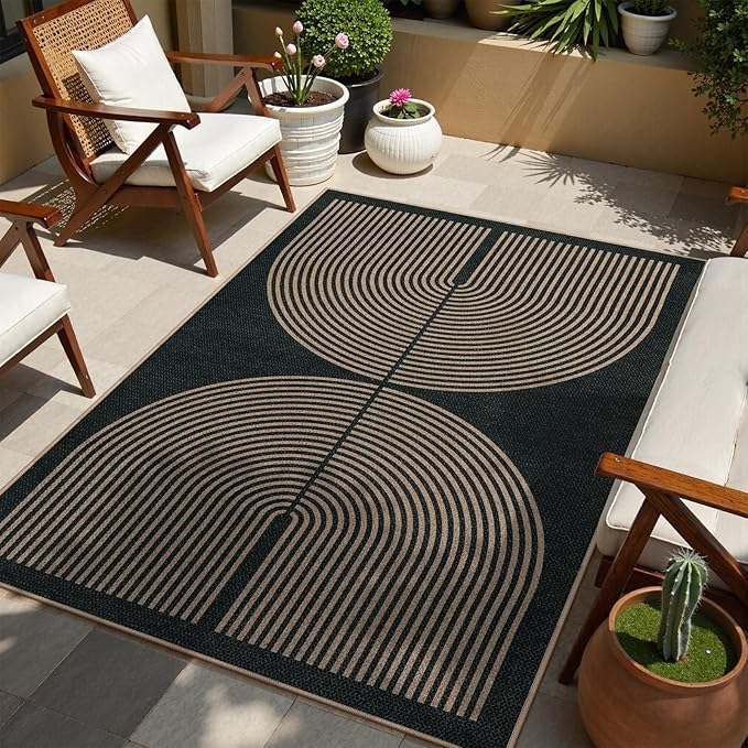 Lahome Modern Rainbow Easy Jute 4x6 Rug, Outdoor Patio Rug for Living Room Washable Black Carpet for Bedroom, Contemporary Non Slip Non Shedding Floor Carpet for Office Backyard