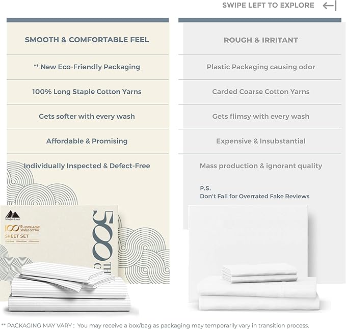 Mayfair Linen 100% Cotton Striped Sheets King Size Bed Set - 500 Thread Count Damask Sheets King Size 4 PC Set (White Stripe), Soft, Cooling, Sateen Weave Hotel-Quality 16" Deep Pocket Bedsheet