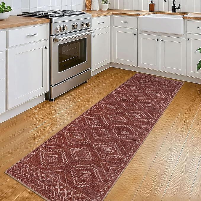 KILOCOCO Boho Kitchen Runner Rug 2x6 Washable Runner Rug, Soft Runners for Hallways Non Slip Printed Distressed Laundry Room Rug, Low-Pile Rug for Entryway/Bedroom/Living Room, Burnt Orange/Red