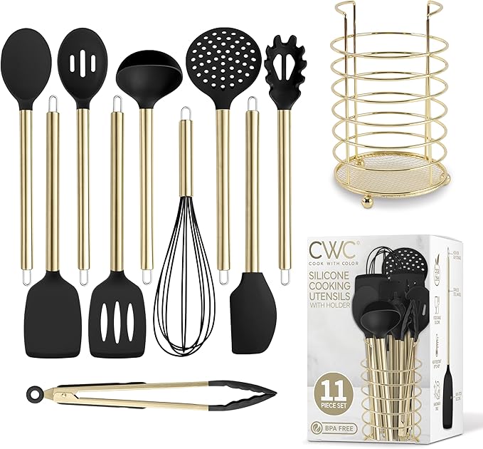 COOK WITH COLOR Silicone Cooking Utensils, Kitchen Utensil Set, Easy to Clean Silicone Kitchen Utensils, Cooking Utensils for Nonstick Cookware, Kitchen Gadgets Set with Holder, 10 Pieces