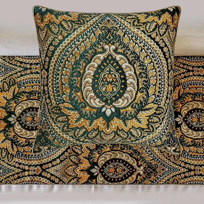 The HomeCentric King/Queen/Twin Green Designer Twin 53"x18" Bed Runner with Two Pillow Cover, Damask, Tassels & Tapestry Bed Scarf on Jacquard Fabric - Damask Tapestry