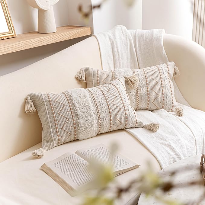BlissBlush Decorative Lumbar Throw Pillow Cover 12x20 Combo Set of 2 Cream Neutral White Rectangular Boho Accent Pillowcase Farmhouse Cushion for Couch Sofa Bedroom Living Home Décor Cover ONLY