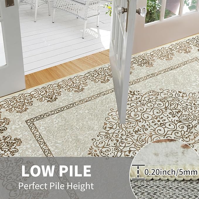 Easy-Going Large Area Rug 8x10 Washable Boho Neutral Rug for Living Room Non-Slip Bedroom Rugs Low Pile Lightweight Floral Brown Print Vintage Throw Rug for Dining Room Kitchen Home Office Carpet