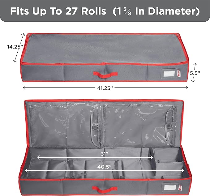 HOLDN' STORAGE Premium Wrapping Paper Storage Container - Durable 600D Tearproof, Fits 27 Rolls Gift Wrap Extra Pockets for Ribbons & Bows Underbed Storage - Ideal for Holiday Christmas, Grey/Red Trim