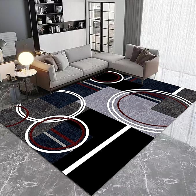 Area Rug 8x10 Modern Abstract Circle Rugs, Multicolor Low Pile Carpet, Machine Washable & Non-Slip Non-Shedding Stain Resistant for Bedroom, Living Room