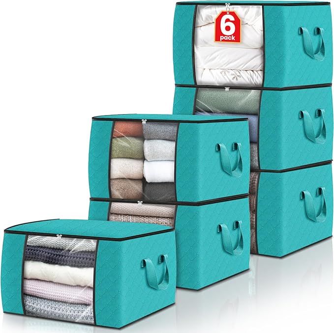 Fab totes Storage Bags,Clothes Blanket Storage Bins Foldable Closet Organizers with Reinforced Handle for Home Dorm Storage and Organization,Fabric Bags for Organizing Sheets,Clothing (Green,6 Pack)