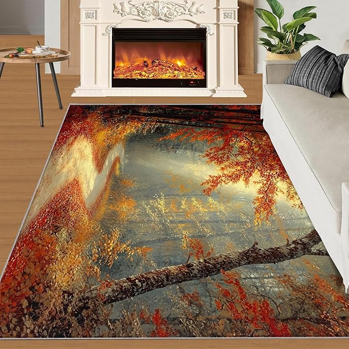 3x6 Autumn Forest Bedroom Rug Under Bed - Natural Landscape Kids Room Rugs, Forest Path Bedroom Runner Rug Soft Washable for Living Room Kitchen