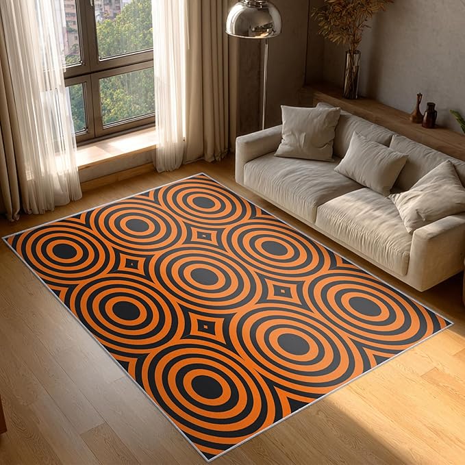 5x8 Geometric Circle Rugs for Bedroom Decor, Washable Retro 60s 70s Geometry Pattern Area Rug, Living Room Home Decoration, Non Slip Soft Thin, Black Orange Decor Carpet PF-P 49
