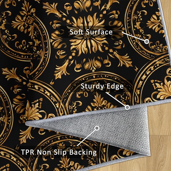 Black Gold Baroque Rug, Washable 5x8 Rug for Living Room, Floral Geometric Patterned Indoor Carpet, Black Gold Baroque Decor for Home, Bedroom, Soft Non Slip Thin Design FER69