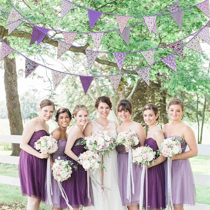 Zwiebeco 39Ft Purple Floral Fabric Bunting Banner Triangle Flag Party Decorations Hanging Cotton Rustic Vintage Flowers Garland Pennant for Wedding Birthday Tea Nursery Home Outdoor Garden Supplies