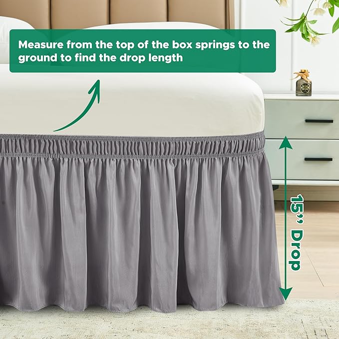 Biscaynebay Wrap Around Bed Skirts for Twin & Twin XL Beds 15" Drop, Silver Grey Adjustable Elastic Dust Ruffles Easy Fit Wrinkle & Fade Resistant Silky Luxurious Fabric Machine Washable