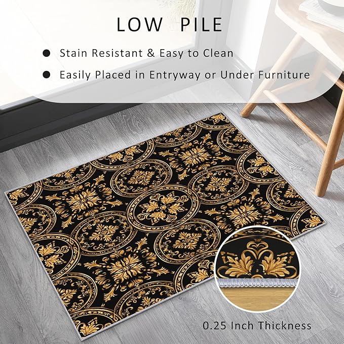 Black Gold Baroque Rug, Washable 3x5 Rug for Living Room, Floral Geometric Patterned Indoor Carpet, Black Gold Baroque Decor for Home, Bedroom, Soft Non Slip Thin Design FER64