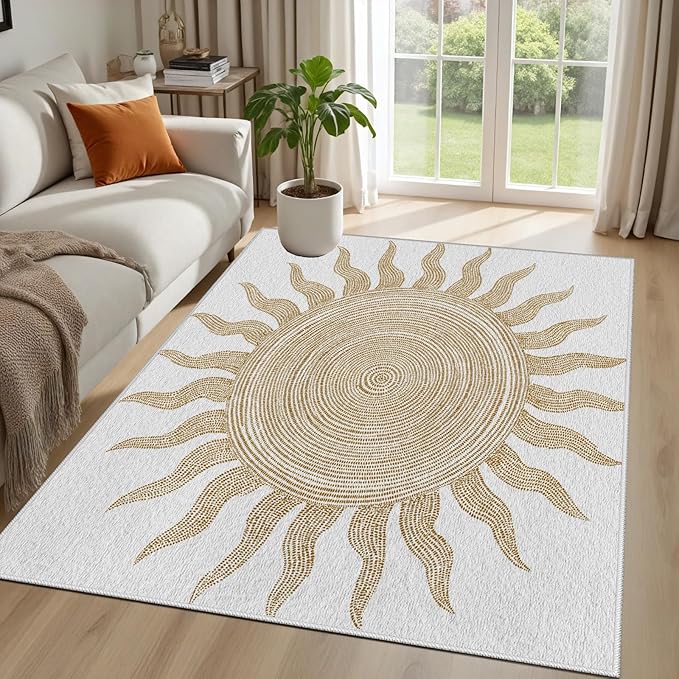 Boho Washable Rugs for Bedroom 6x9, Modern Sun Print Soft Minimalism Area Rug, Non Slip Low Pile Abstract Carpet for Classroom Living Room Decor Dining Room Sofa Kids Nursery Room, Beige Yellow