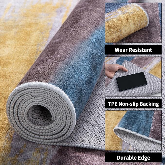 Ciicool 2x6 Washable Runner Rug, Modern Abstract Hallway Rugs Runner, Non-Slip Thin Accent Rug Lightweight Yellow Grey Blue Print Distressed Carpet for Laundry Entryway Bedroom Kitchen Indoor
