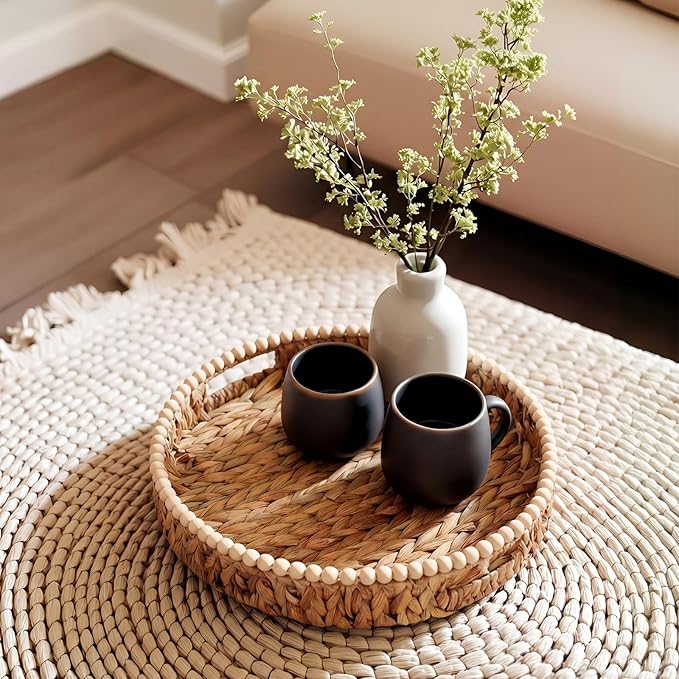 Round Wicker Tray 16'' Water Hyacinth Woven Tray with Handles Decorative Large Serving Trays for Coffee Table for Kitchen, Living Room, Bedroom Home Decor(Water Hyacinth)