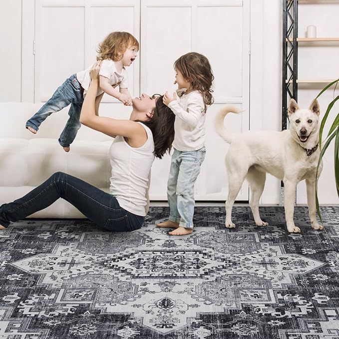 Washable 6x9 Area Rug for Living Room, Carpet for Bedroom Dining Room, Non Slip&Non-Shedding Resistant Low Pile Vintage Print Rug for Home Office (Medium Gray)