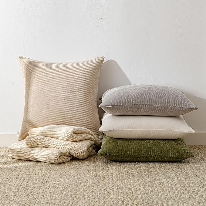 a moment Pack of 2 Decorative Chenille Throw Pillow Covers with Twill Cushion Covers for Sofa Living Room Couch Bed 18x18 Inch Beige
