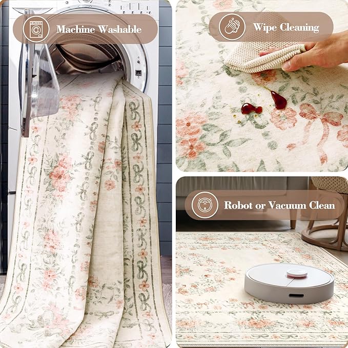 Wonnitar Floral Bow Washable Area Rug 5x7, Ultra-Thin Beige Rugs for Bedroom, Boho Non Shedding Neutral Soft Carpet for Nursey Kids Room Dorm Living Room, Beige