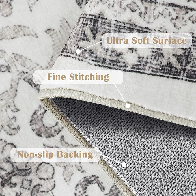 jinchan Hallway Runner Rug 2x8 - Machine Washable Beige Vintage Floral Distressed Design Soft Non-Slip Low-Pile Ultra-Thin Runner Rug for Kitchen Laundry Room Bedroom Farmhouse (2‘x8', Beige)