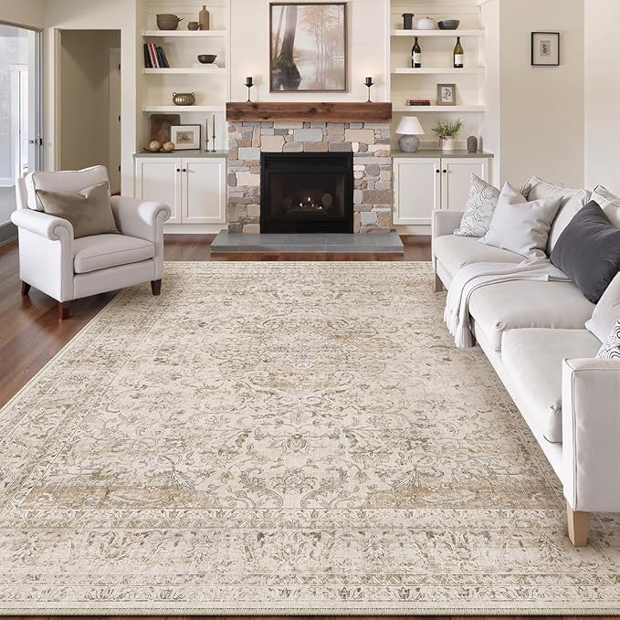 10x14 Beige Area Rug Vintage Living Room Bedroom Washable Carpet Non-Slip Soft Low Pile Distressed Indoor Large Throw Rug for Dining Room Office